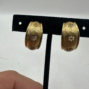 Vintage BSK Gold-Tone Clip-On Earrings With Rhinestone Floral Design